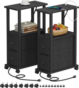Small Narrow End Tables, Side Tables with 2 Fabric Drawers, Set of 2, Bedside Tables with  Station for Small Spaces, Slim Nightstands with USB Ports and Wheels, TB01BK053