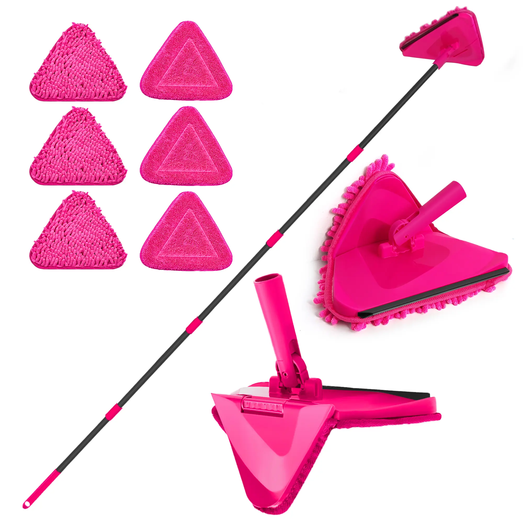 JEHONN Wall Mop with Long Handle 80 inches, Upgraded 180° Collapsible Baseboard Cleaner Tool with Squeegee, Ceiling Duster with 3 Microfiber and 3 Chenille Pads for Cleaning Window, Cabinet (Rose Red) wall cleaner red rotatable
