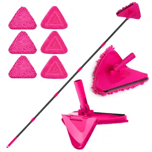 JEHONN Wall Mop with Long Handle 80 inches, Upgraded 180° Collapsible Baseboard Cleaner Tool with Squeegee, Ceiling Duster with 3 Microfiber and 3 Chenille Pads for Cleaning Window, Cabinet (Rose Red) wall cleaner red rotatable