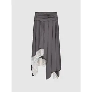 URBAN REVIVO 2026 Summer Women's Minimalist Basic Polyester-Modal Fitted Midi Skirt - Ruched Lace, Asymmetrical High-Low Fishtail Bottom, Flattering Hip, Built-In Stretch, Casual Elegance Style UWJ560028+, Midi Skirts, High Low Skirts