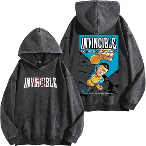 Invincible S4 Washed Hoodie Vintage Black Conquest Graphic, Anime Comic Superhero Streetwear, Omni Power Fan Apparel Trend 2026