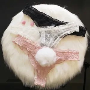 Cute Plush Pom-Pom Rabbit Lace Embroidery White Sexy Thong Panties for Women with Bunny Tail Womenswear Basic