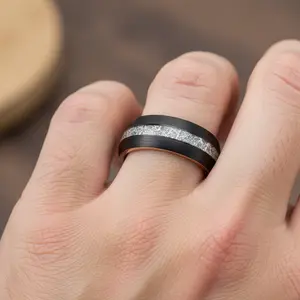 Mens Meteorite Wedding Band, Men Tungsten Ring, Meteorite Ring, Black and Gold Ring, Rose Gold Tungsten Engagement Band, Husband Anniversary Gift, Promise Ring