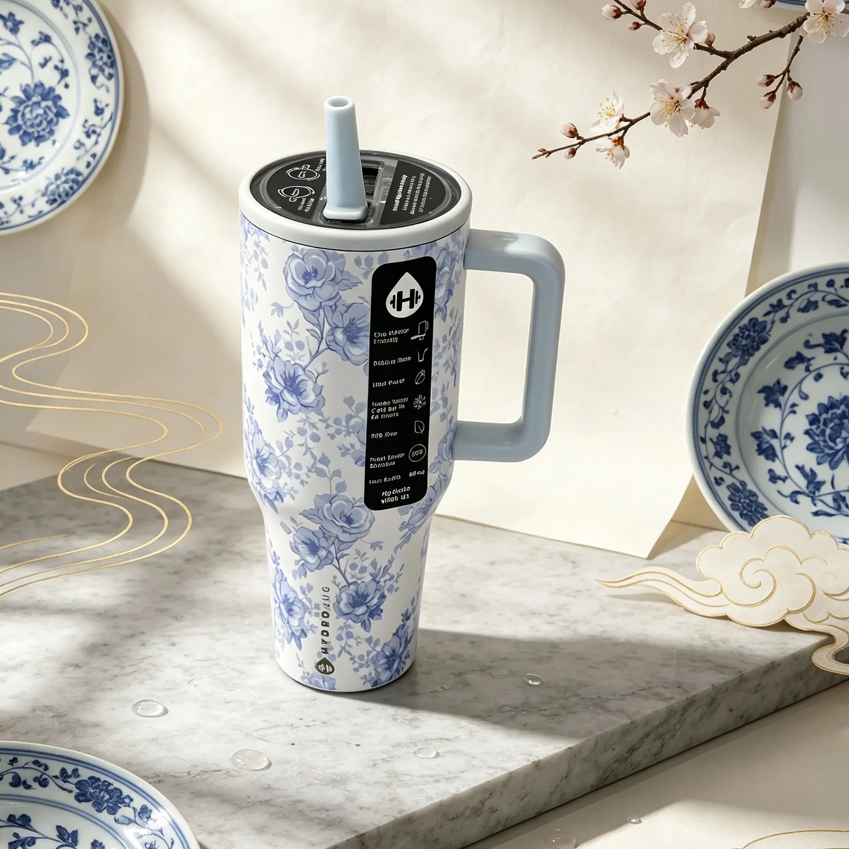 HydroJug 40oz Travel Tumbler, Vintage Blue Chinese Porcelain Rose Floral Pattern Vacuum Insulated Stainless Steel Cup, Portable Handle Leak Proof Water Bottle for Workout Outdoor