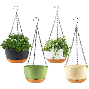 4 Pack Hanging Planter for  Indoor,8 Inch  Pot Outdoor Plastic Hanging Baskets with Drainage Holes and Chain for Garden Porch (White+Black+Green+Beige)