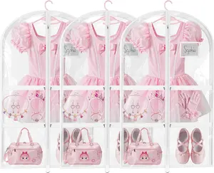 3 Pack Clear Dance Garment Bags for Dancers, 40" Waterproof Dustproof Dance Costume Bags for Hanging Clothes with 5 Large Zipper Pockets for Dance Competition, Suitable for Dress, Uniform