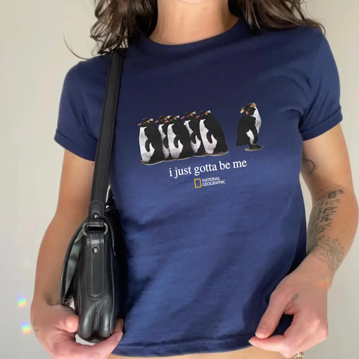Penguin Graphic Baby Tee, I Just Gotta Be Me Quote Slim Fit T-Shirt, Cute Animal Aesthetic Top, Y2K Unisex Streetwear Shirt