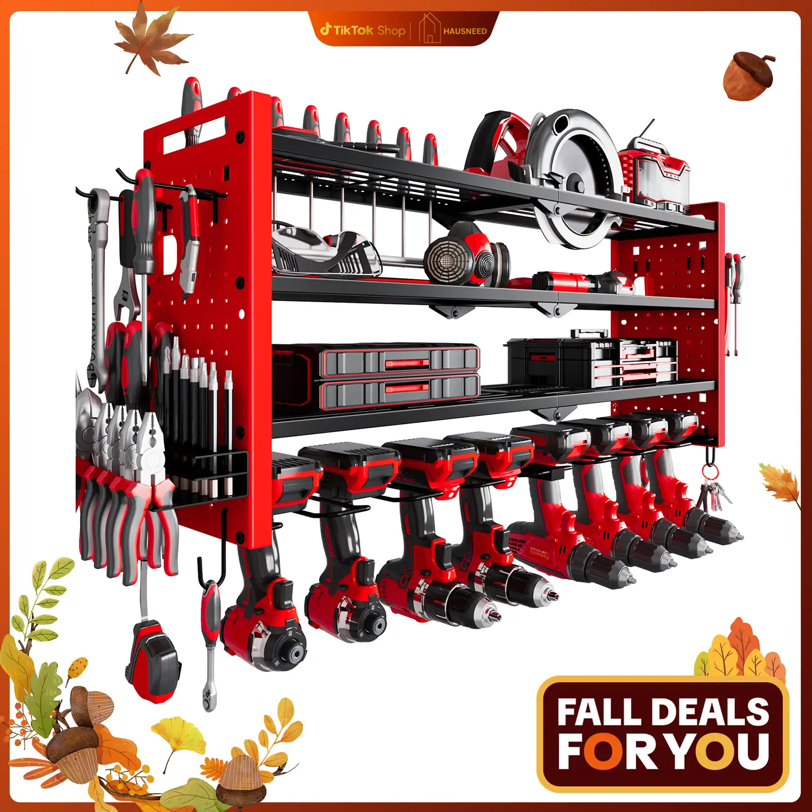 HAUSNEED-001/002/003 Tool Organizer Wall Mount with 8 Drill Holders 4 Layers Large Capacity Rack for Garage Heavy Duty Sturdy Construction Easy Assemb