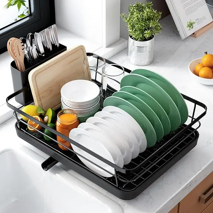 Dish Drying Rack for Kitchen Counter, Space Saving Dish Drainer with Drainboard and Utensil Holder