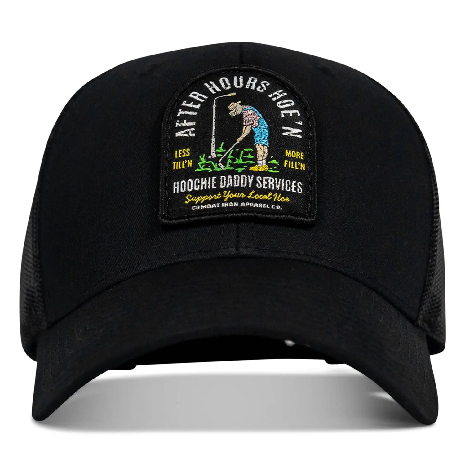 COMBAT IRON After Hours Farmer Patch Unisex Mid-Profile Baseball Cap - Cotton Twill, Custom Embroidered Patches, Durable, Breathable Mesh, Adjustable Snapback Closure