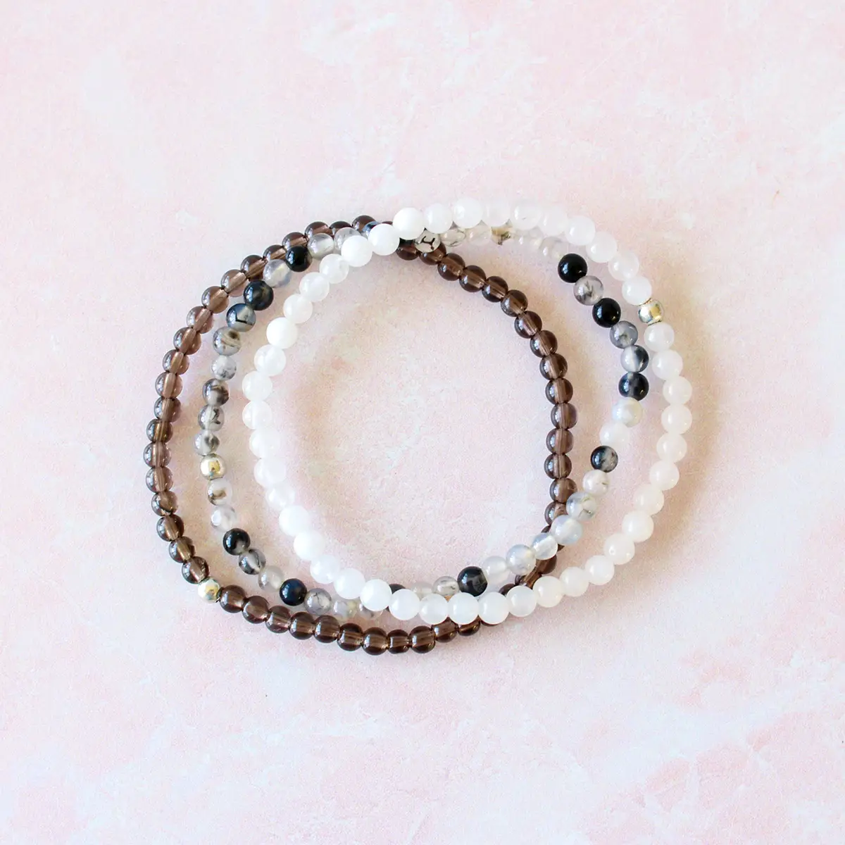 Anxiety Relief & Protection Natural Crystal Bracelet Set | Snow Quartz, Smoky Quartz & Dragon Vein Agate | 4mm Dainty