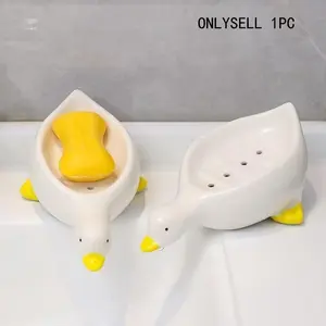 Cute Duck Soap Holder, Decorative Plastic Oval Bathroom Sink Organizer, Inclined Drain Design, Space Saving, Easy Maintenance