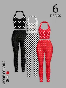 Women's 6 Pack Polka Dot Halter Yoga Outfits 2 Piece Workout Sets, High Waist Tummy Control Leggings & Crop Top, Sexy Slim Fit Sportswear for Gym, Running, Casual Daily, Retro Style Activewear for Ladies, Workout Summer Clothes