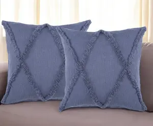 HomeRoots 18x18 Square Blue Diamond Cotton Throw Pillow with Fringe - Set of 2, Square Cushion Covers for Home Furnishings, 18X18 Cushion Cover