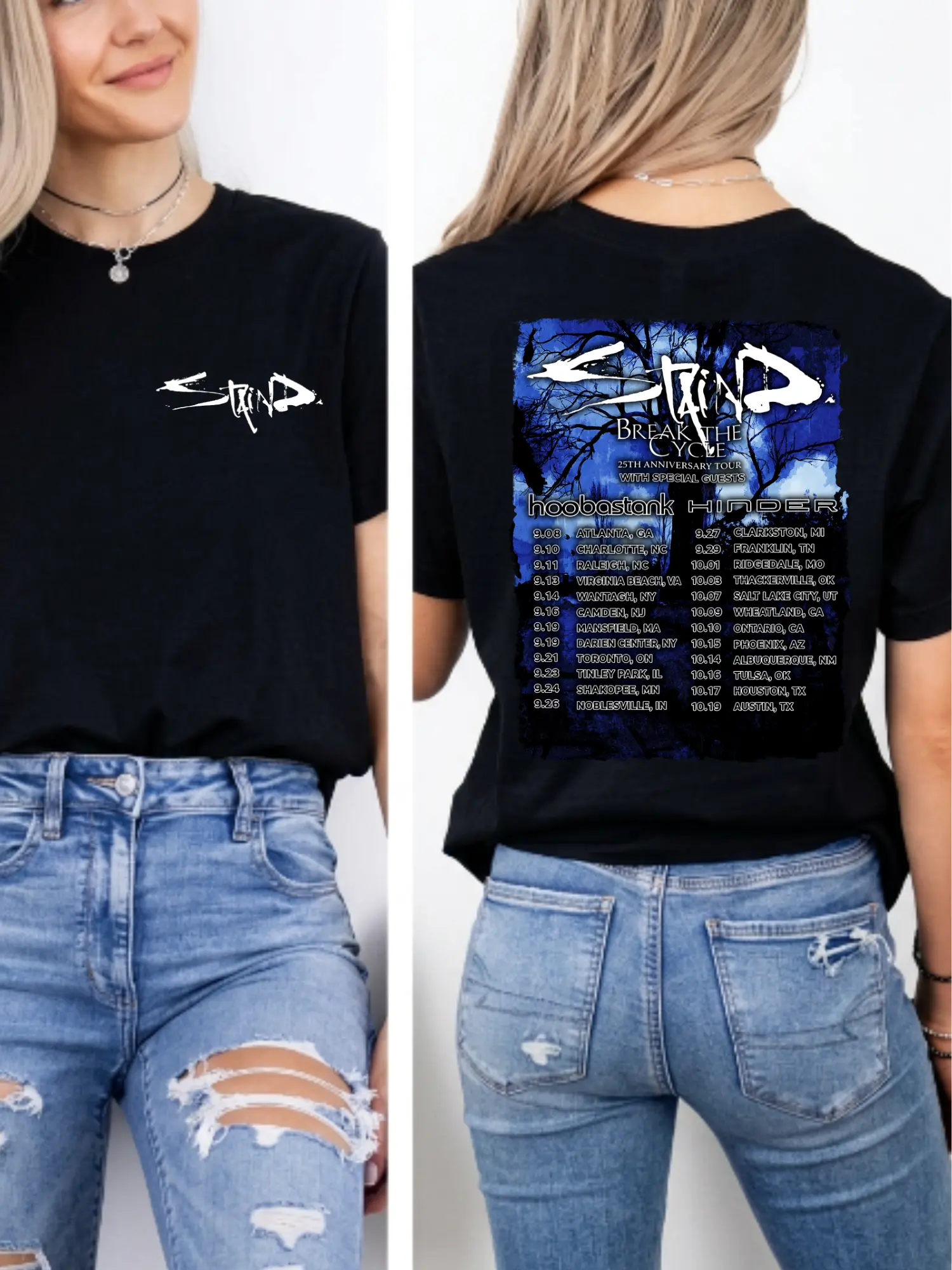 Staind Break The Cycle 25th Anniversary Tour Shirt, Hoobastank Hinder Guest Dates Tee, Rock Band Front Back T-Shirt