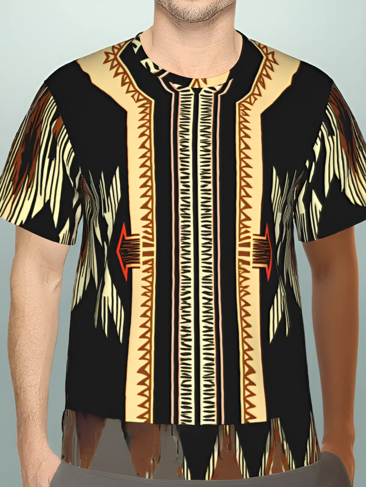 Men's African Kente T-Shirt with 3D Printed Tribal Y-Shaped Motif & Earthy Brown/Blue/Red Patterns on Black - Breathable Polyester Short Sleeve Round Neck Casual Streetwear Suitable for Daily Wear, Cultural Outfits, S-3XL