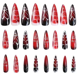 Extra Long Press On Nails – Gothic Red & Silver Spiderweb, Almond French Tips