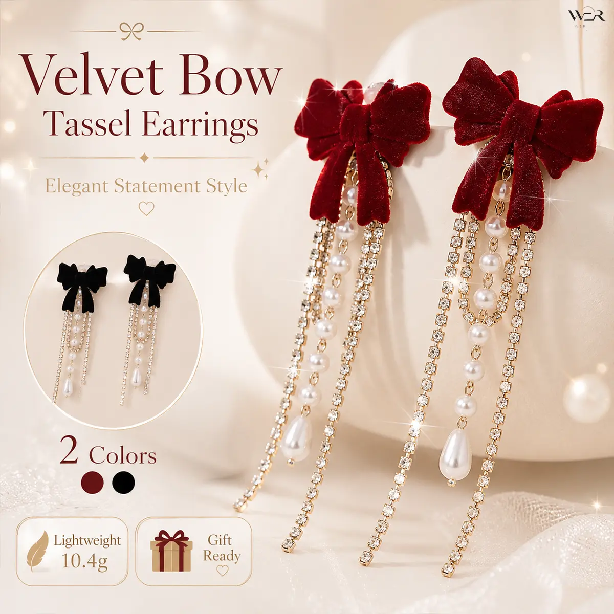 Coquette Bow Tassel Earrings, Red Velvet Drop Dangles with Pearl and Crystal Chains, Lightweight Statement Jewelry for Women, Coquette Bow Earrings, Bow Embellishment