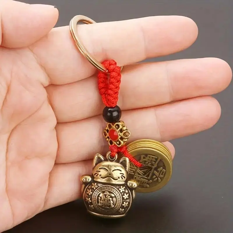 Vintage Lucky Cat Design Keychain, 1 Count Feng Shui Solid Keyring for Good Fortune & Car Decoration, Crochet Keychain, Cute Keychain, Animals Keychain Decor, Home Decor, Room Decor