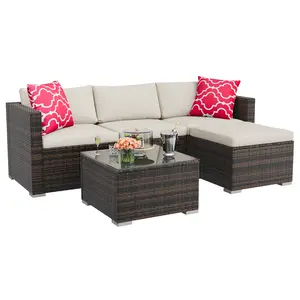5-Piece All-Weather Wicker Patio Sofa Set – Modular Outdoor Sectional with Cushions, Glass Coffee Table – Conversation Furniture for Balcony, Porch, Garden