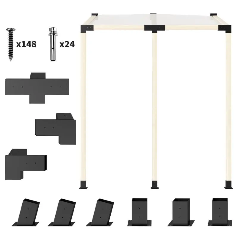 Black Pergola Kit with 15° Slanted Brackets, 4-Way/3-Way Brackets, Post Bases, Wall Mounts for 3.6" X 3.6" Lumber