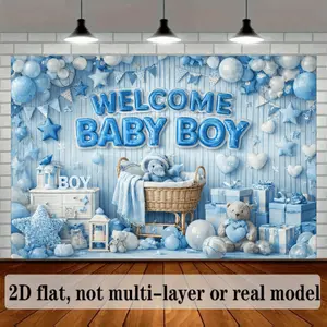 2D Flat Welcome Themed tapestry tapestry, in a Fresh Light Blue Style, Featuring Decorative Elements Such as Balloons, Triangular Pennant Flags, a Wooden Rocking Horse, a Plush Doll, Children's Clothing, Stars, and Hearts. Made of Material, It Requires