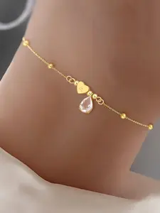 Women's Heart-Shaped Initial Water Drop Crystal Pendant Bracelet, Fashion Stainless Steel Beaded Chain, Casual Style