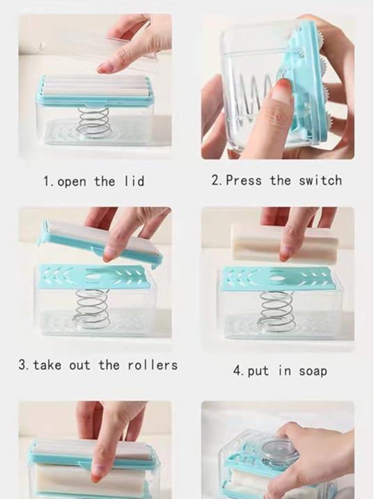 Soap Box Holder,Foam Soap Dispenser with Roller and Drain Holes,Soap Box with Bubbler,Multifunctional Soap Bubble Box for Home Bathroom Kitchen Countertop (Blue), 4.8*2.83*2.63 inch (RX01)