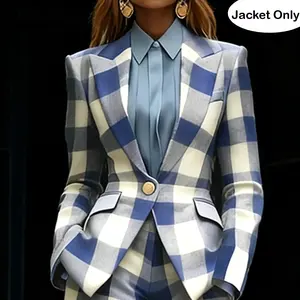 UOOZEE Women's New Autumn Winter Plaid Tailored Blazer (Jacket Only) Long Sleeves Buttoned Contrast Color Pockets Notched Collar Blazer Outerwear(Ideal for Office Meetings, Business Events & Smart-Casual Dinners)