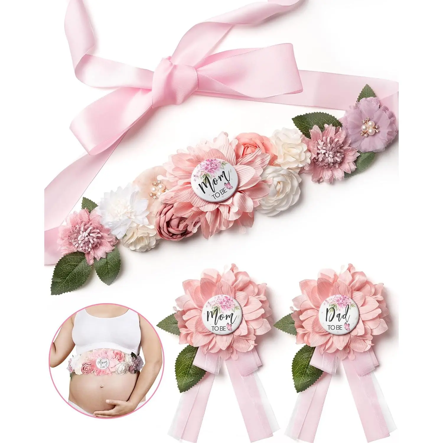 Flower Sash Set, Baby Shower Mom to Be Daddy to Be Corsage Pin, Pink Flower Belt for Maternity Dress, Pregnancy Photo Props Supplies, Gender Reveal Decorations