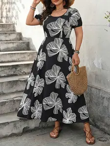 Women's Plus Size Midi Dress, Elegant Loose-Fitting Short Sleeve, All over Print, Lightweight Comfortable, Casual Daily Everyday Wear, Womenswear
