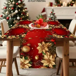 2D flat printing, 1 piece/4 pieces/6 pieces/5 pieces set/7 pieces set, Christmas decoration border pattern table flag placemat set - holiday red and gold holiday desktop decoration, suitable for family gatherings, daily meals, Party decoration supplies
