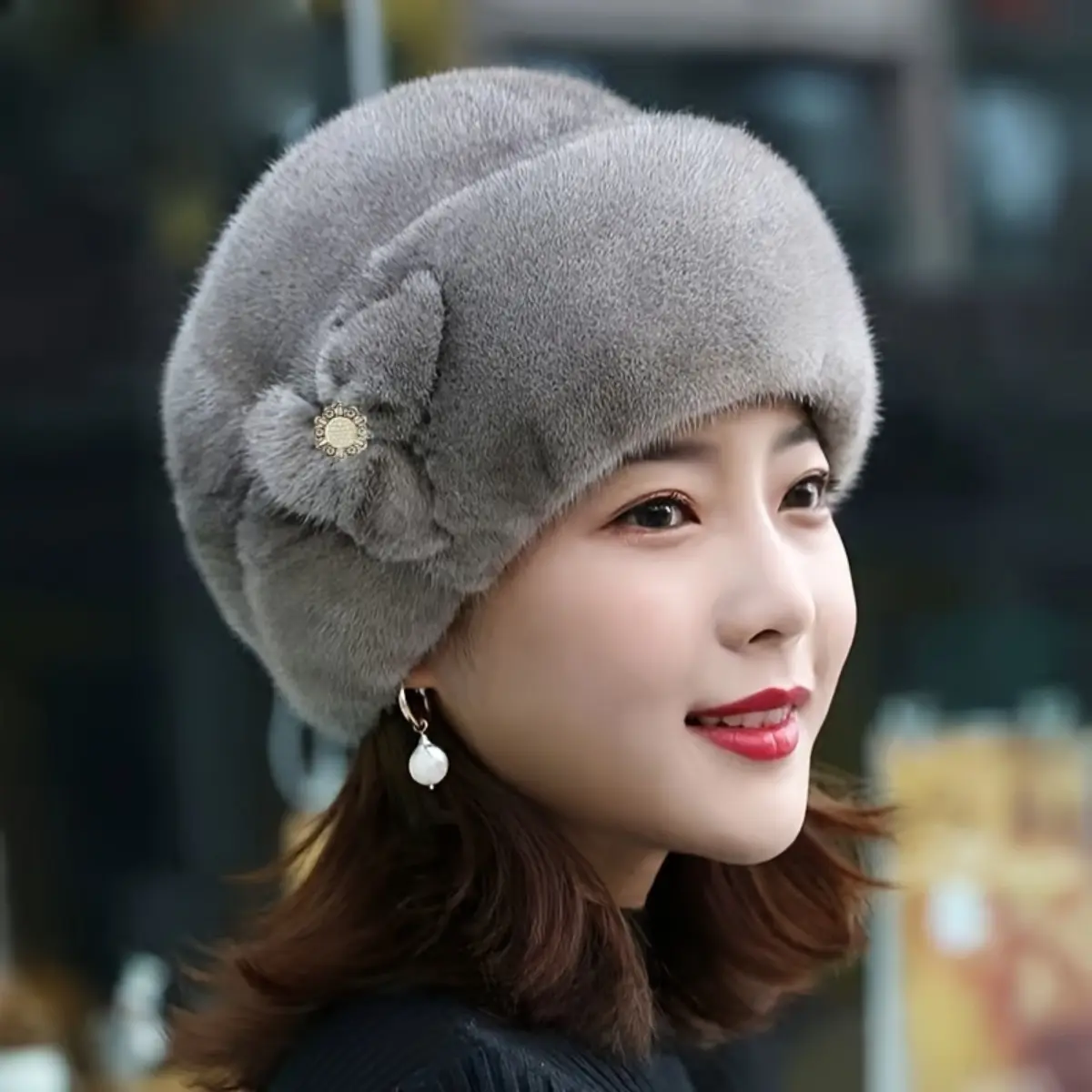 Luxurious Gray Fur Winter Beanie Hat Soft Warm Cozy Ski Cap Knitted Fur Beanie Hat, Women main image 2
