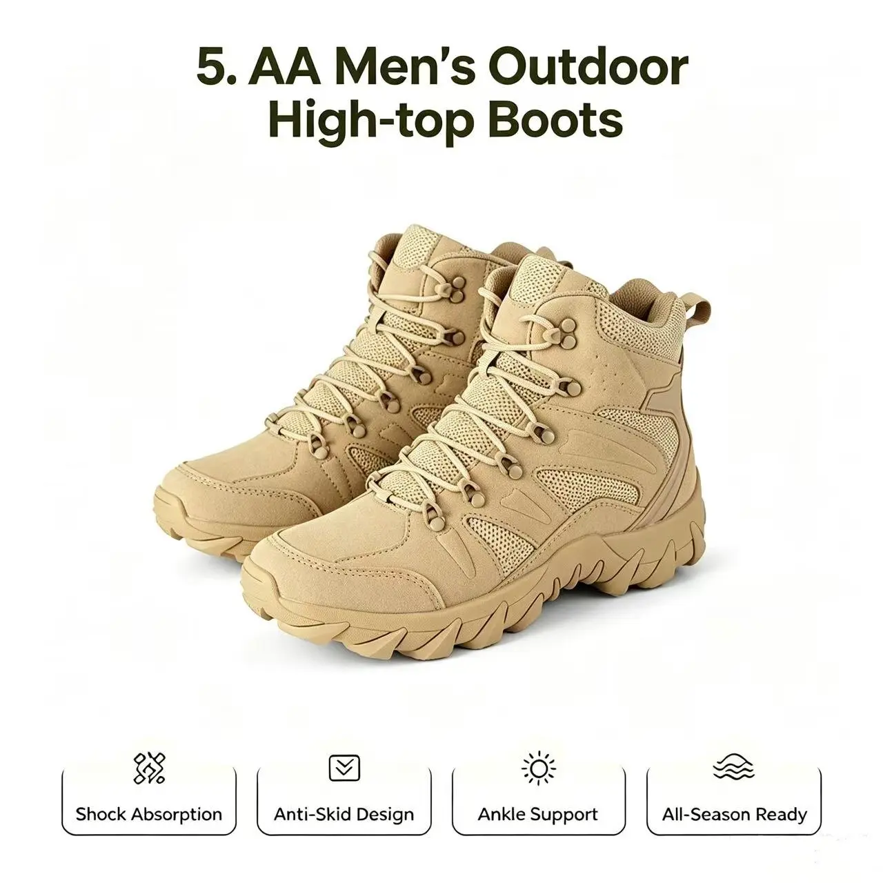 5.AA Men's High-Top Synthetic Suede Tactical Boots with Side Zipper, Lightweight Non-Slip All-Terrain Shoes with Rubber Sole for Hiking & Jungle Trekking, Outdoor Footwear, Round Toe, Men's Accessories, Male, Rocky Roads, Laces, Adjustable