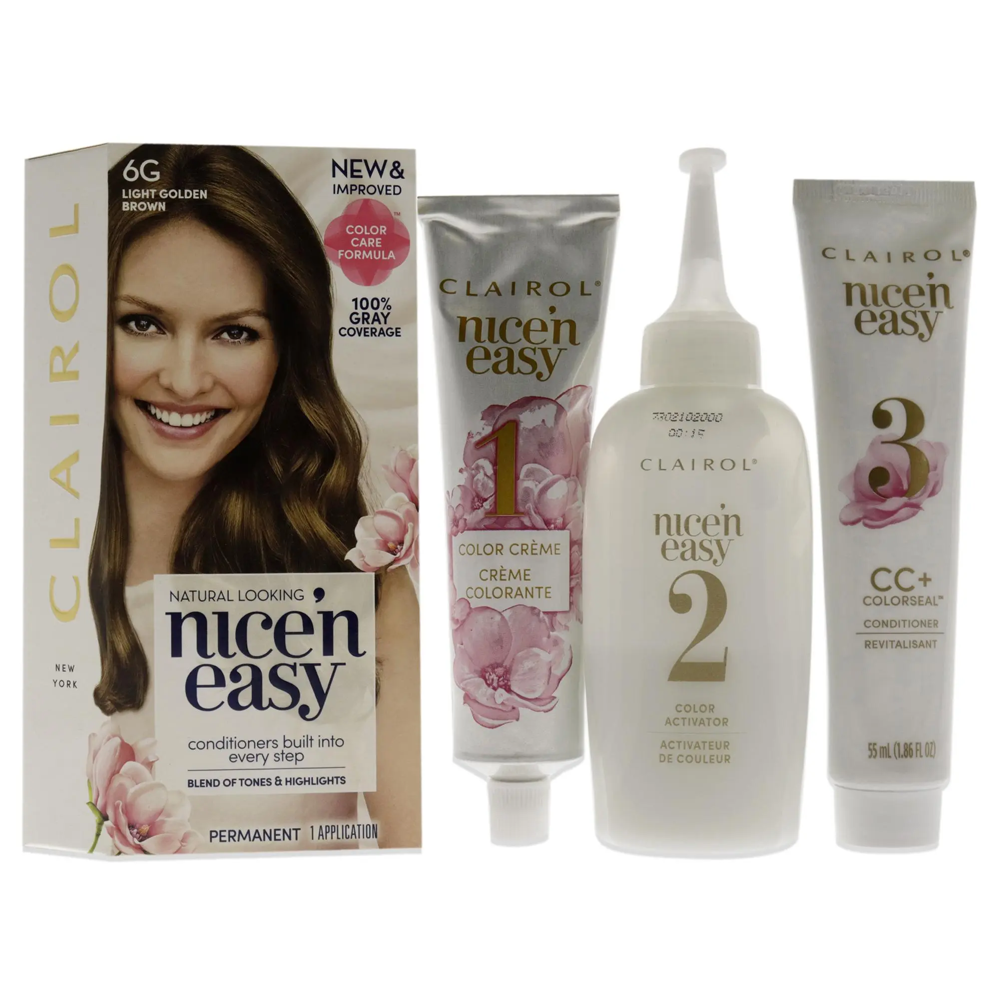 Clairol Nice'n Easy Color Blend Permanent Hair Dye Set - 6G Light Golden Brown, 1-Application for Women with 3 Tubes, Natural Look