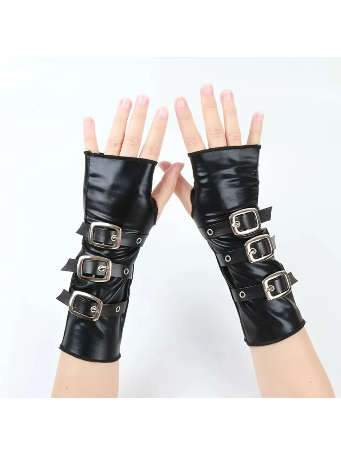 New gloves patent leather metal buckle black armband wristband dark punk sleeve party dance rivets
