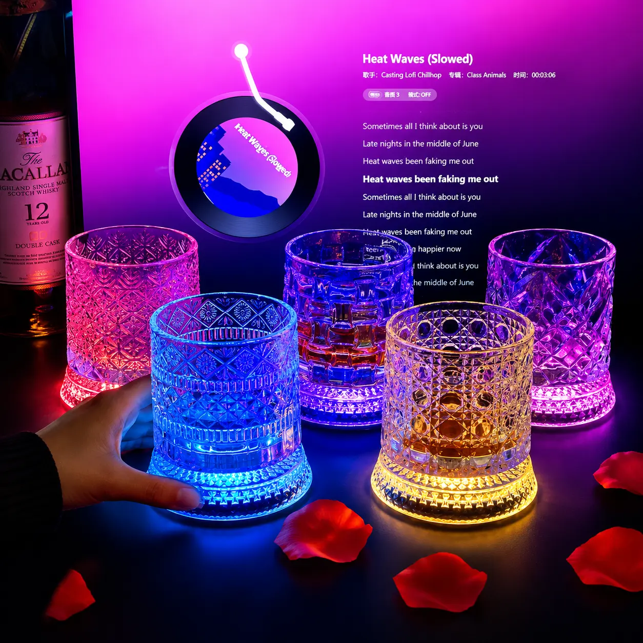 Luxury 360° Spinning Crystal Whiskey Glass - Stylish Drinkware with Embossed Rotating Base, Colorful Luminous Gasket, Heavy Relief, Hand-Painted Old Fashioned Tumbler for Drinks, Cocktails