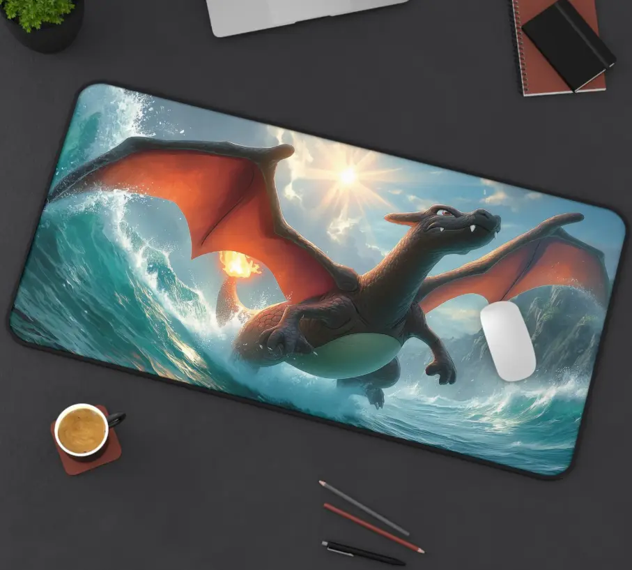 Charizard Desk Mat – Epic Mouse Pad with Ocean & Fire Art for Gaming and Work, Gamer Gift, Anime