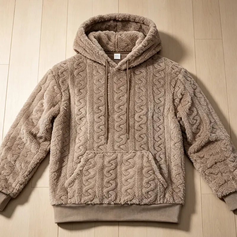 Menssherpa hoodie、fuzzy fleece sweatshirt、cable textured hoodie、plush fluffy top、winter thermal loungewear、y2k streetwear、oversized loose hoodie、cozy warm sweatshirt Menswear Stylish