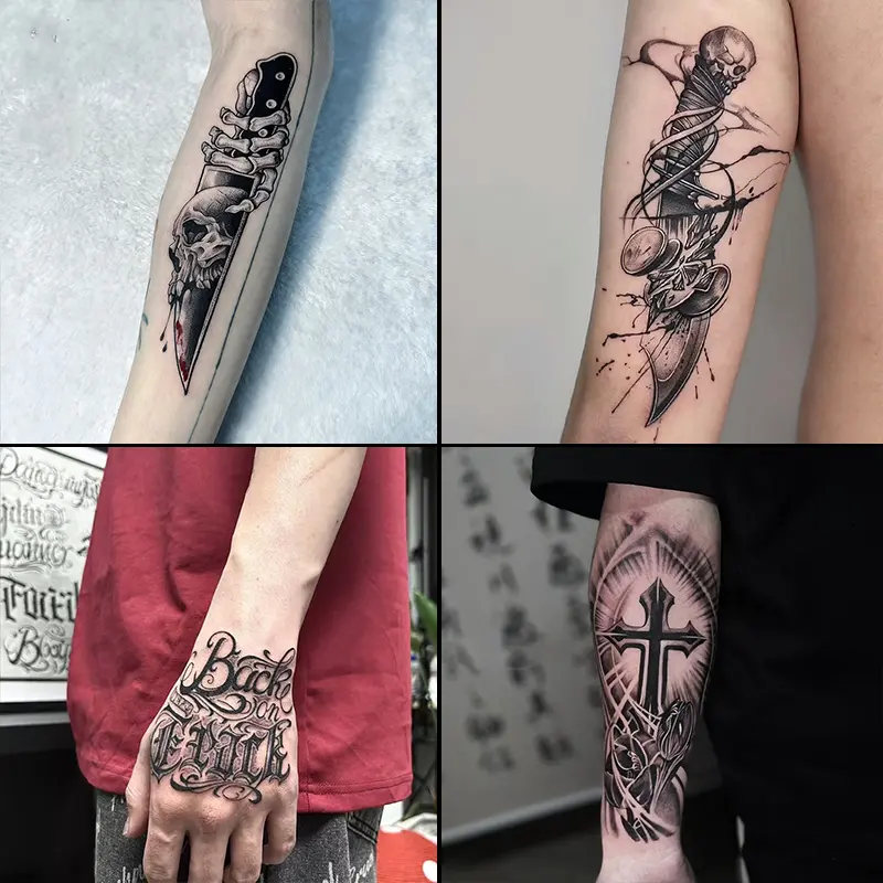 4 Large Herbal Temporary Tattoos - Cross Element Styles, 7-15 Days Long-Lasting, Waterproof, Friction-Resistant, Realistic Effect, Ideal for Pain-Averse Individuals Avoiding Real Tattoos