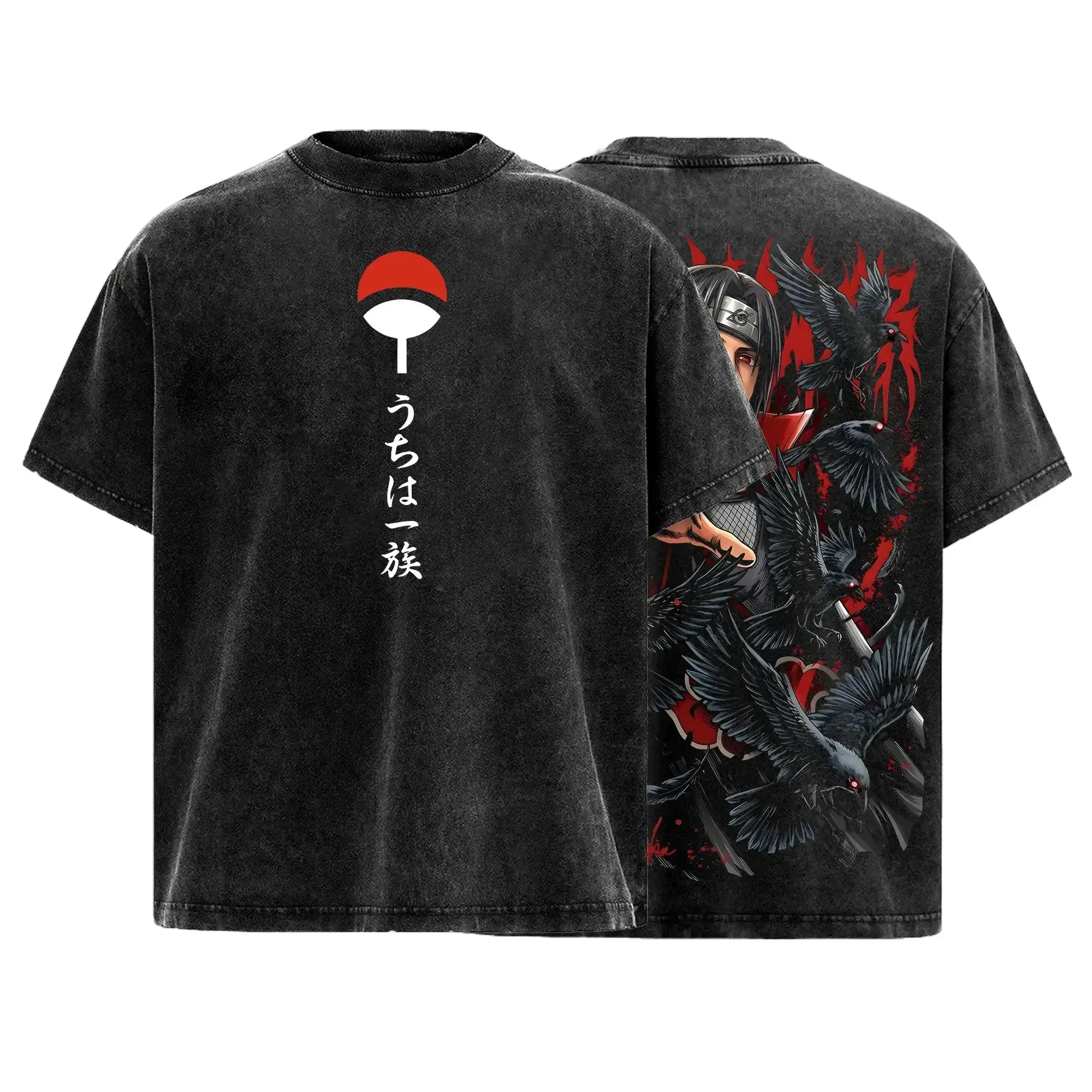 Uchiha Clan Slayer Red Eye Clan Crow Illusion Shinobi Anime Vintage Washed Oversized Graphic Tee Dark Ninja Streetwear Shirt