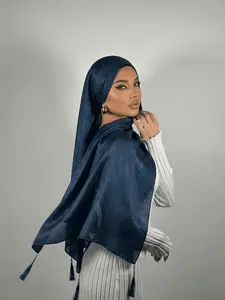 Luxury Modal Satin Hijab Scarf with Fringe, Elegant Ditsy Floral Headscarf for Women, Muslim Fashion Long Shawl for All Seasons