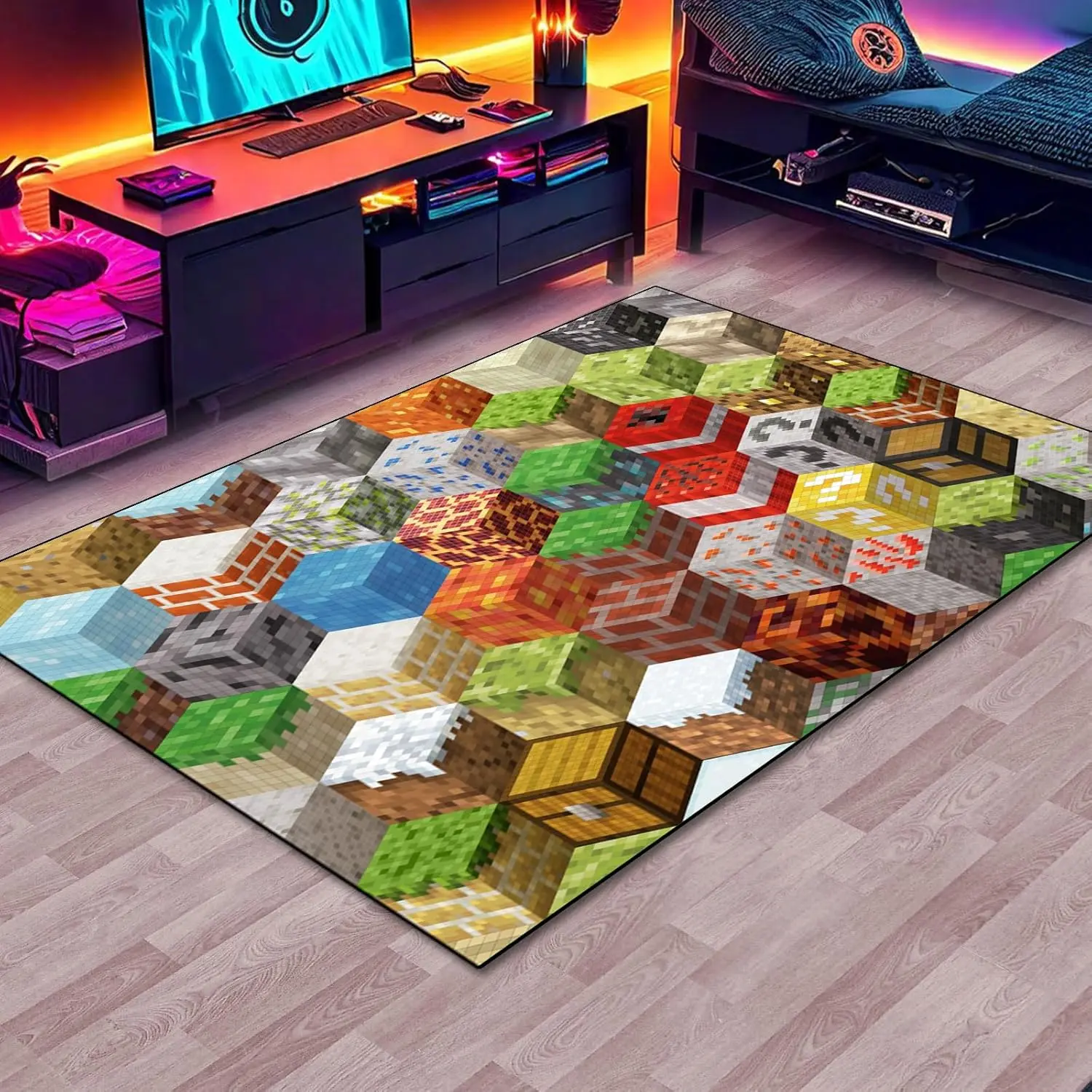 Block  Rug Teen Boys Carpet with Pixel   Decoration Mat, Cube Block  Rugs for Boy's Bedroom Living Room Playroom, Non-Slip  Gaming Area Rugs (60" x 40")