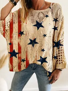 New Independence Day Round Neck Rhombus Hollow Out Bat Sleeve Long Sleeve Women's Knit Top, Casual Beach Vacation Star Stripe Print