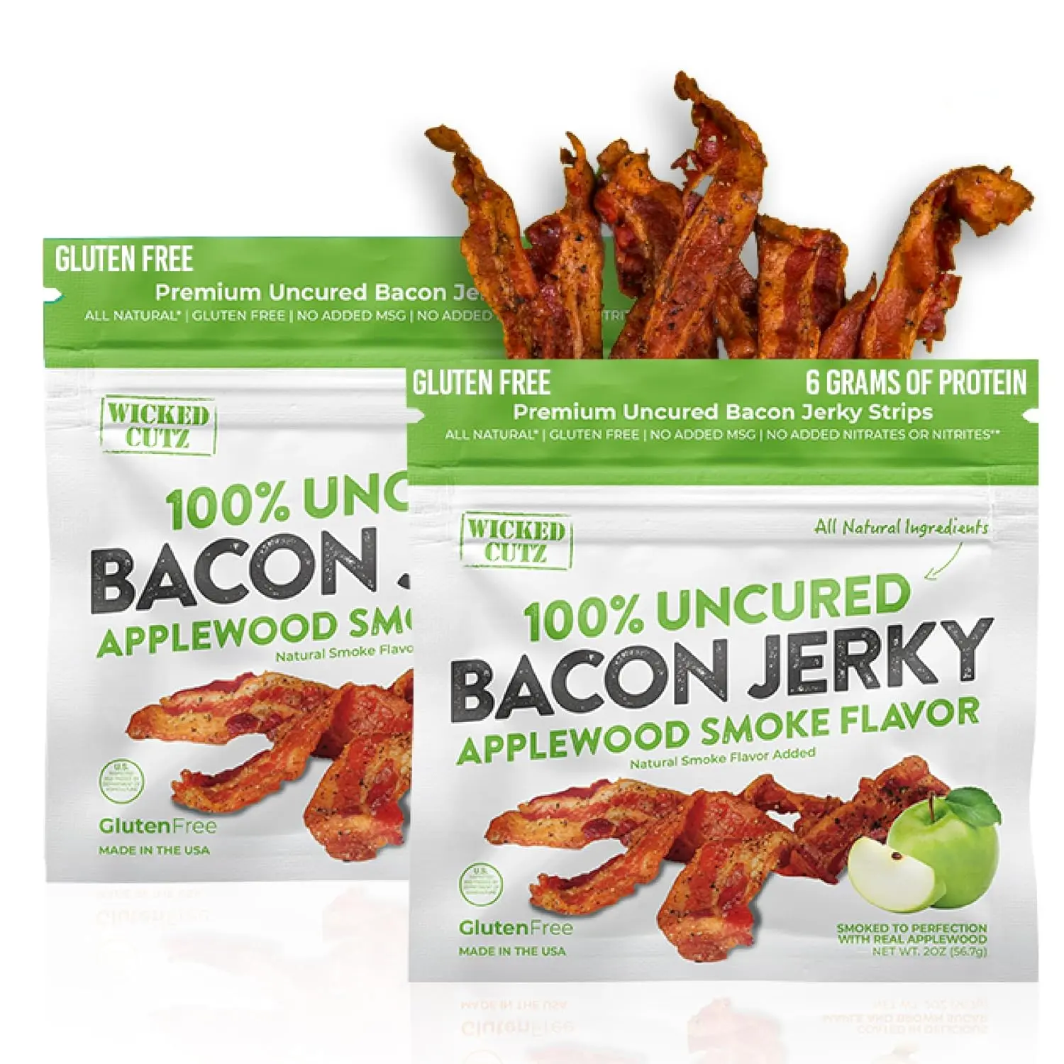 Applewood Smoked Bacon Jerky 2 Pack, 12g Protein Per Bag, Tender Fully Cooked Bacon Snack, Easy Chew High Protein Meat Snack Made in USA