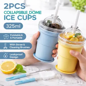 2-in-1 Collapsible Silicone Cup with Ice Ball Maker – 6cm Large Sphere Ice Mold, Leak Proof Travel Tumbler with Straw & Lid for Whiskey, Coffee, Cocktails