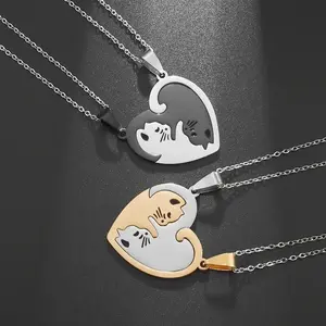 Hug Love Pet Cat Pairing Couple Necklace Fashion Stainless Steel Men Women Best Friend Bff Pendant Jewelry Gift