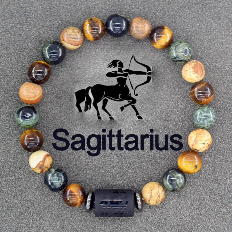 Zodiac Beaded Bracelet for Women & Men, Adjustable 7-in High-Stretch Nylon Cord Jewelry with 12 Astrology Signs & Natural Gemstones (Tiger's Eye, Green Jasper, Picture Jasper, Black Obsidian) Gift