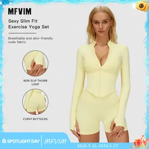 MFVIM women’s outdoor sports two-piece set: solid-color zip-up jacket with waist cinching and high-waisted nude-feel shorts; indoor/outdoor yoga fitness set