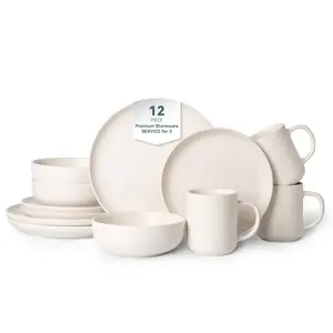 12-Piece Stoneware Dinnerware Sets with Mugs| Microwave & Dishwasher Safe| Non-Toxic Dinner Plates Bowls Set| Stackable Matte Glaze Kitchenware for 3